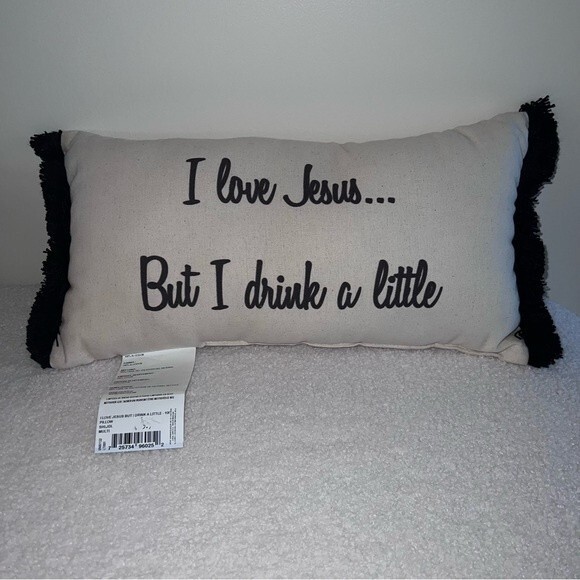 NEW! 17" I Love Jesus but I Drink a Little Cotton Rectangular PILLOW - Picture 2 of 4